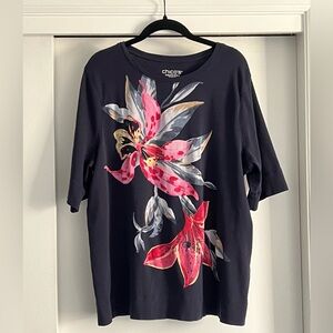 Chico’s Floral Jewel Neck Tee 4 (XXL 20/22) Classic Navy